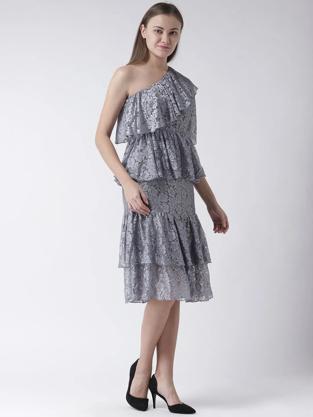 Grey Lace Dress with Ruffle & Added Flare