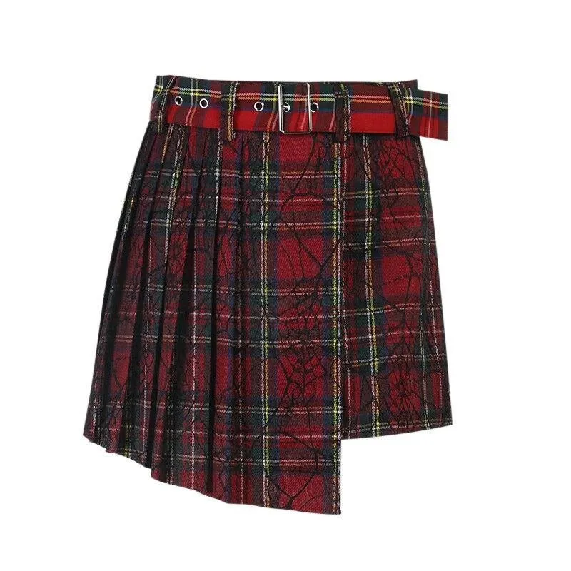 Irregular Harajuku Mini Skirts | Punk Belted Sweet Red Plaid Print Asymmetrical High Waist Pleated Skirts for Parties