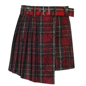 Irregular Harajuku Mini Skirts | Punk Belted Sweet Red Plaid Print Asymmetrical High Waist Pleated Skirts for Parties