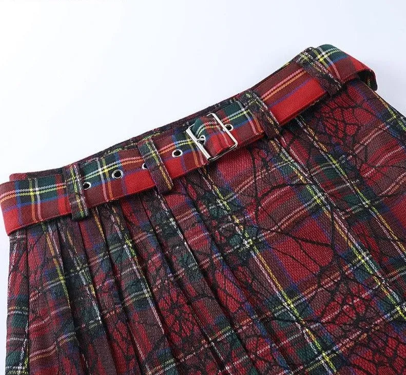 Irregular Harajuku Mini Skirts | Punk Belted Sweet Red Plaid Print Asymmetrical High Waist Pleated Skirts for Parties