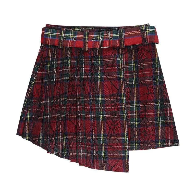 Irregular Harajuku Mini Skirts | Punk Belted Sweet Red Plaid Print Asymmetrical High Waist Pleated Skirts for Parties