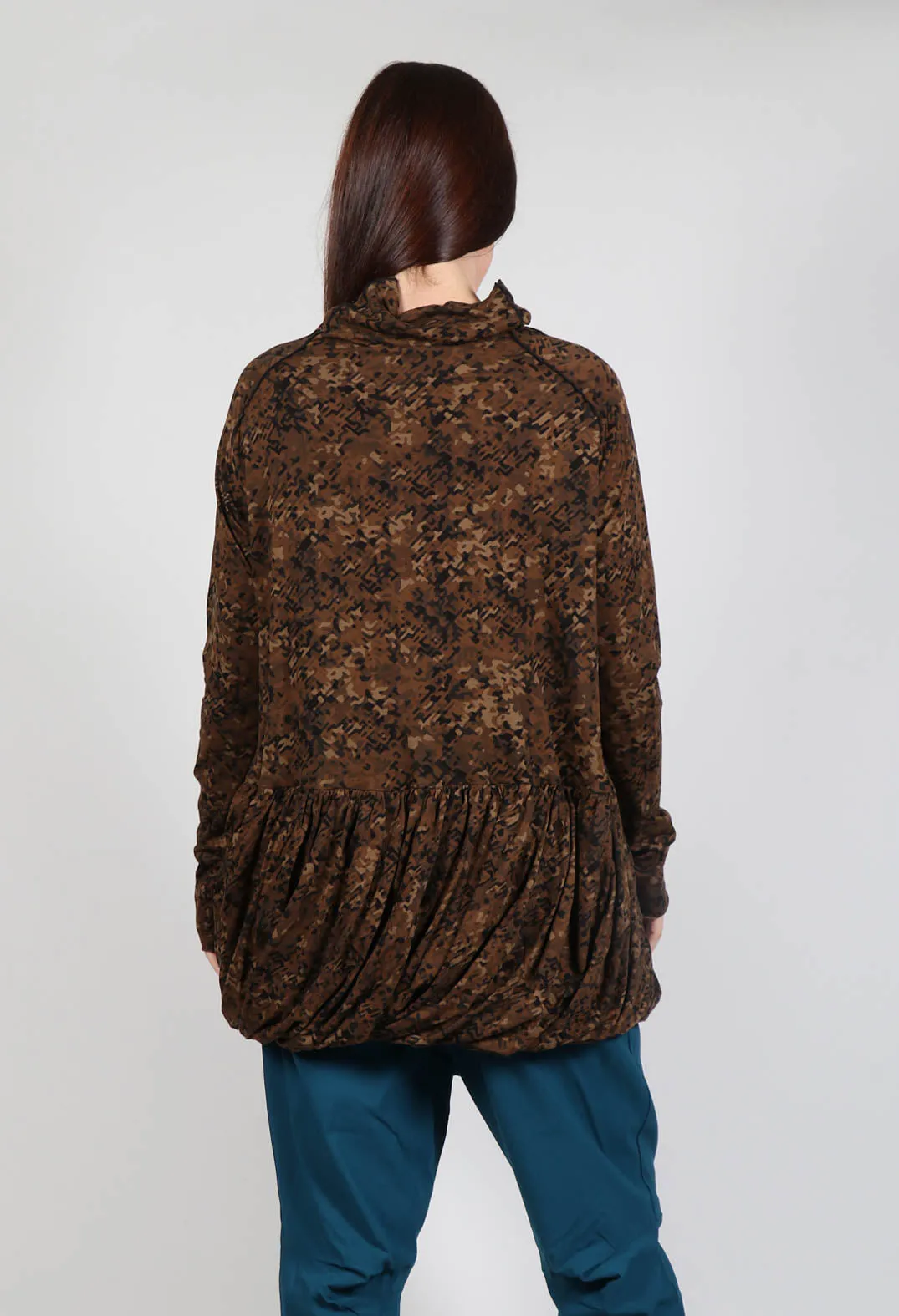 Bronze Faux Print High Neck Bubble Hem Top