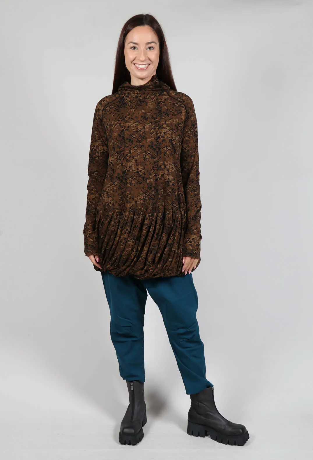 Bronze Faux Print High Neck Bubble Hem Top