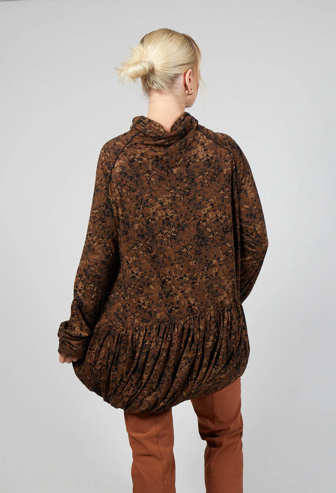 Bronze Flock Print High Neck Top with Bubble Hem