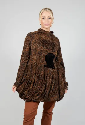 Bronze Flock Print High Neck Top with Bubble Hem