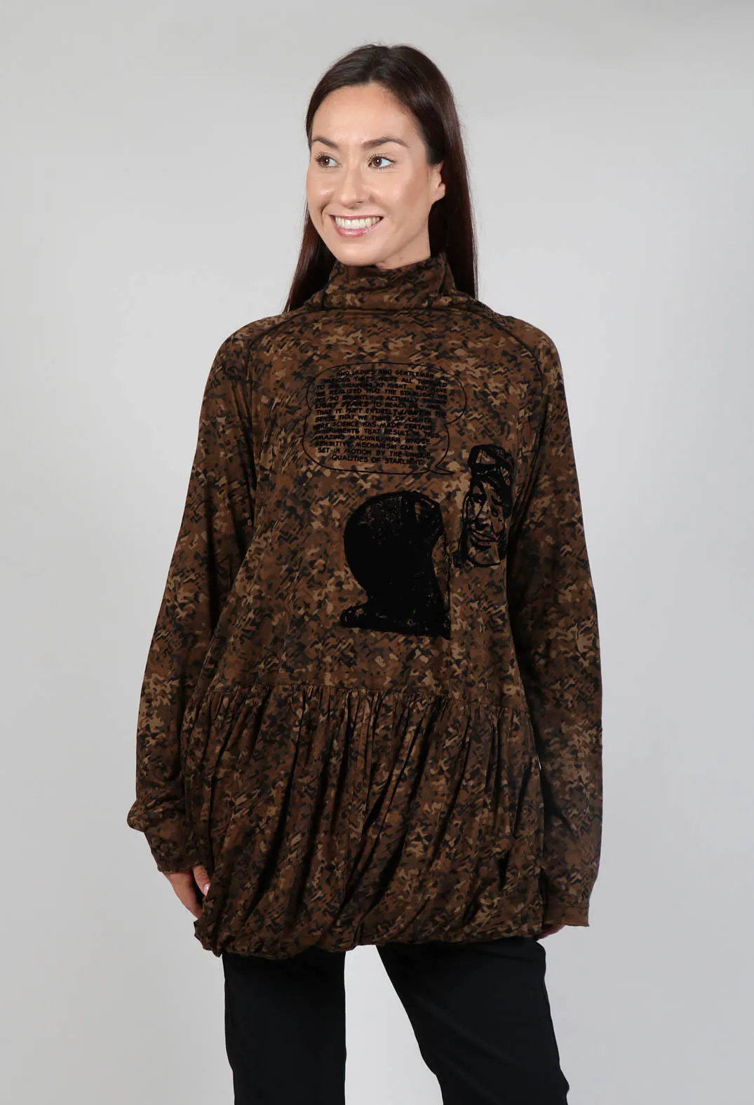 Bronze Flock Print High Neck Top with Bubble Hem