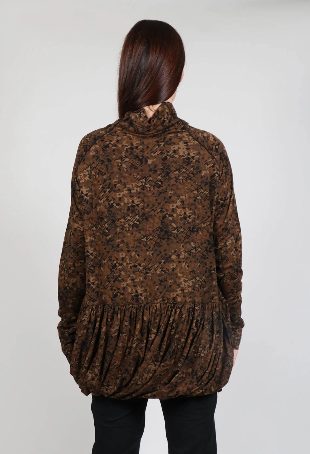 Bronze Flock Print High Neck Top with Bubble Hem