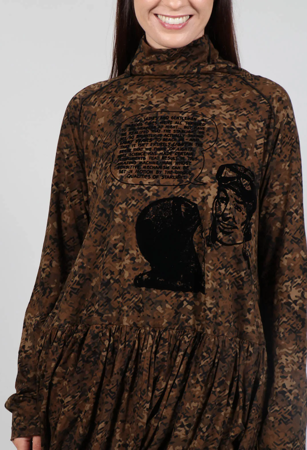 Bronze Flock Print High Neck Top with Bubble Hem