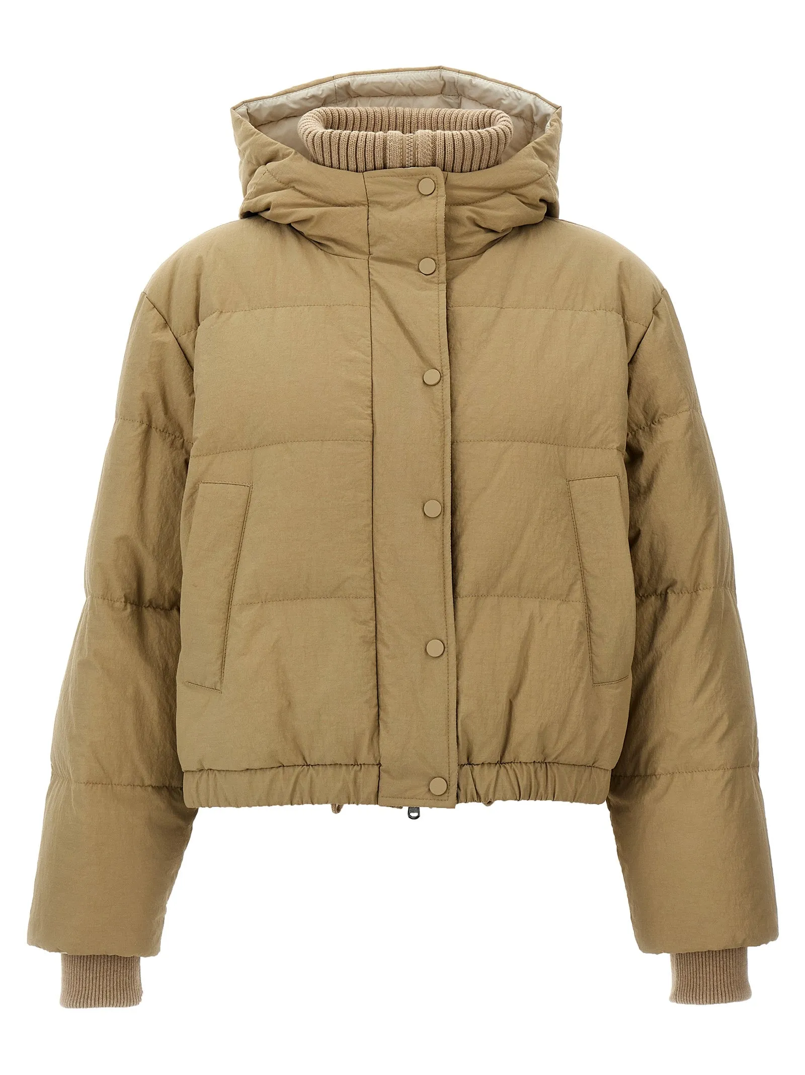 Hooded Knit Insert Down Jacket in Parka Beige