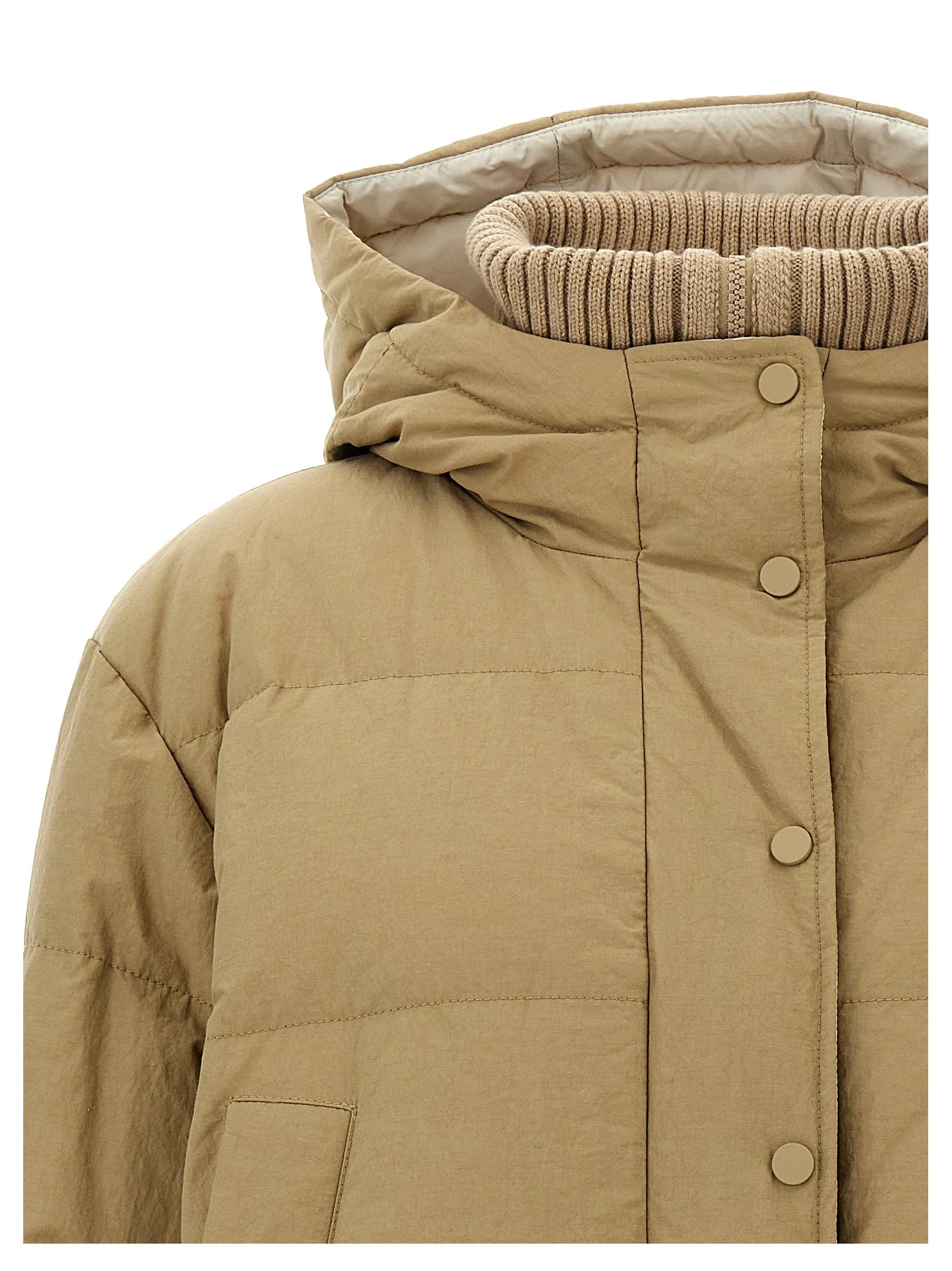 Hooded Knit Insert Down Jacket in Parka Beige