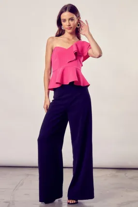 One Shoulder Ruffle Hot Pink Peplum Top