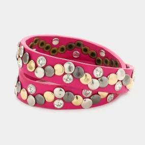 iLLASPARKZ Crystal Studded Hammered Metal Faux Leather Band Bracelet