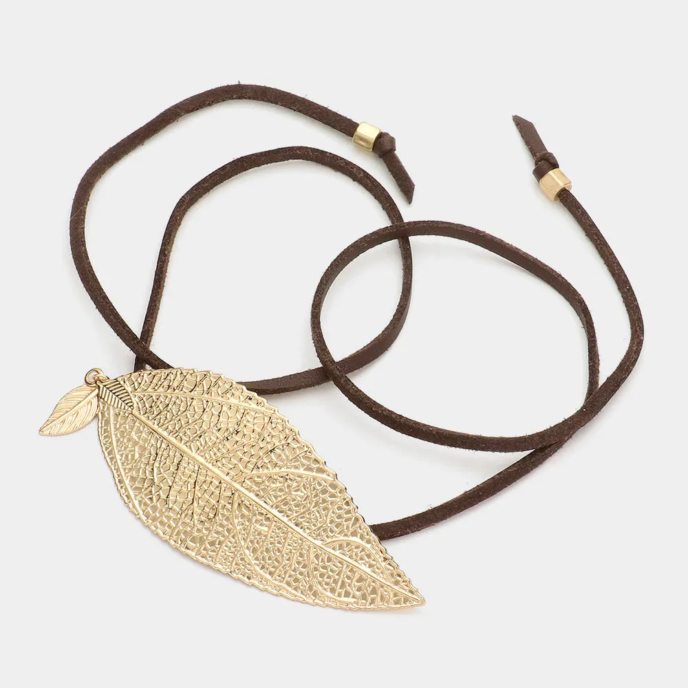 iLLASPARKZ Metal Leaf Faux Leather Wrap Bracelet / Choker Necklace