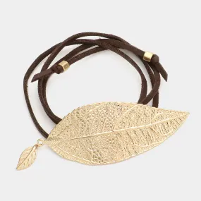 iLLASPARKZ Metal Leaf Faux Leather Wrap Bracelet / Choker Necklace