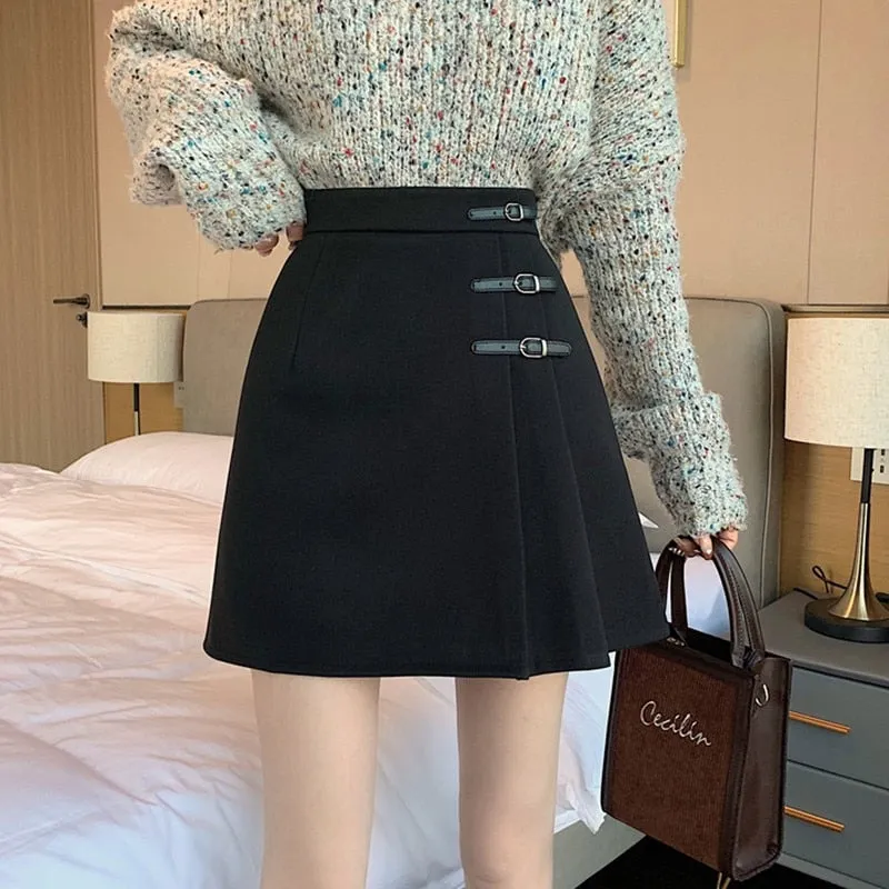 Elegant Ladies' A-Line Mini Skirts Korean Vintage Wool All-Match High Waist Women's Casual Skirt