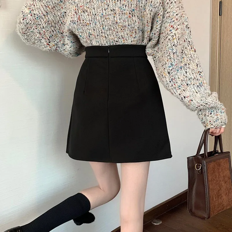 Elegant Ladies' A-Line Mini Skirts Korean Vintage Wool All-Match High Waist Women's Casual Skirt