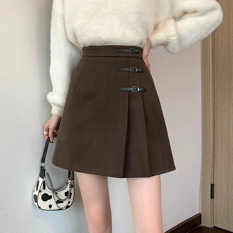 Elegant Ladies' A-Line Mini Skirts Korean Vintage Wool All-Match High Waist Women's Casual Skirt