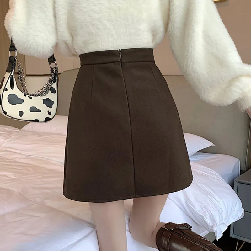 Elegant Ladies' A-Line Mini Skirts Korean Vintage Wool All-Match High Waist Women's Casual Skirt