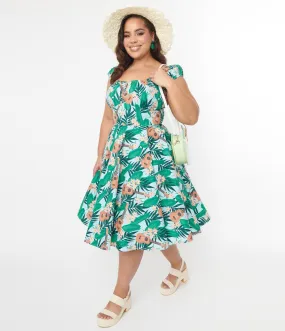 Light Blue & Green Tropical Ukulele Swing Dress