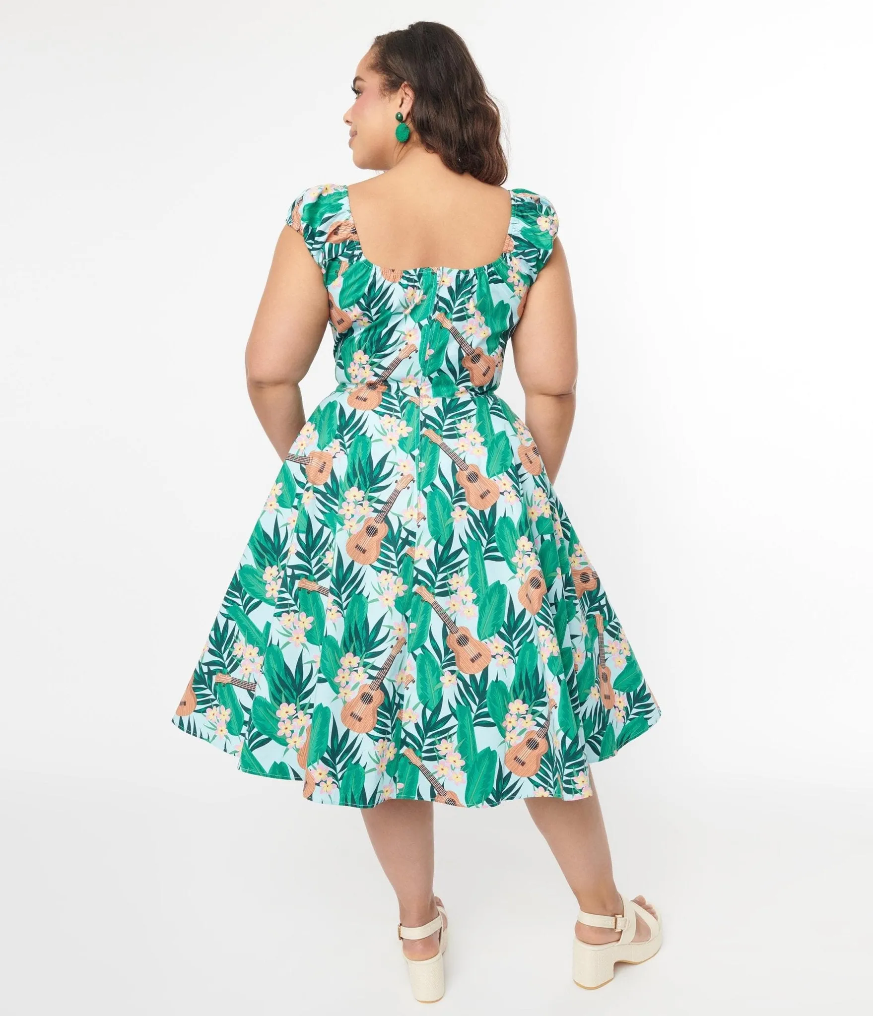 Light Blue & Green Tropical Ukulele Swing Dress