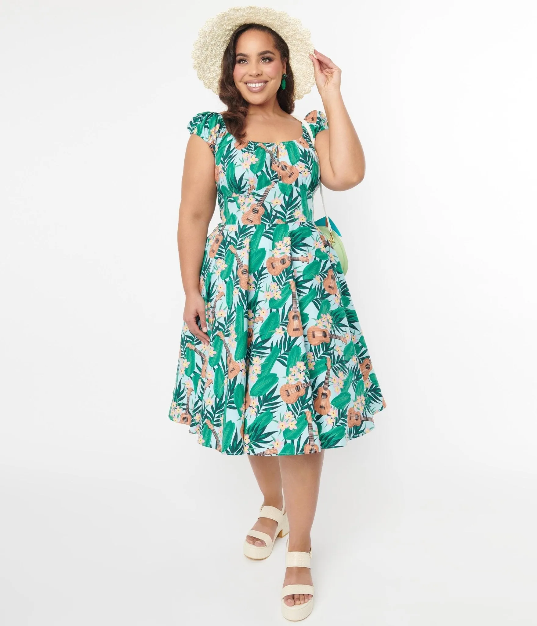 Light Blue & Green Tropical Ukulele Swing Dress