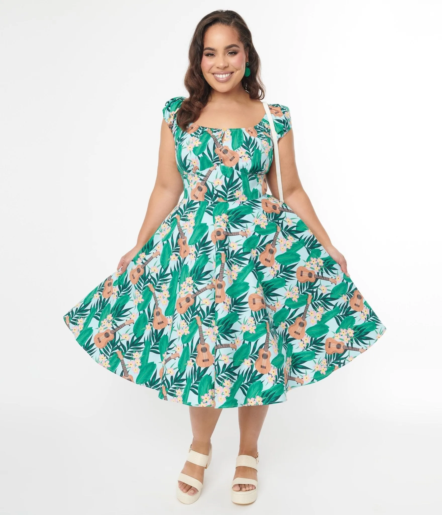 Light Blue & Green Tropical Ukulele Swing Dress