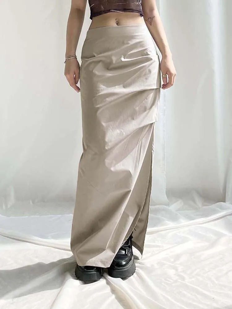 Women's Y2K Long Skirt with Ruched Low Waist and Split Design