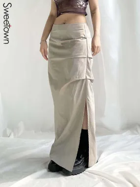 Women's Y2K Long Skirt with Ruched Low Waist and Split Design