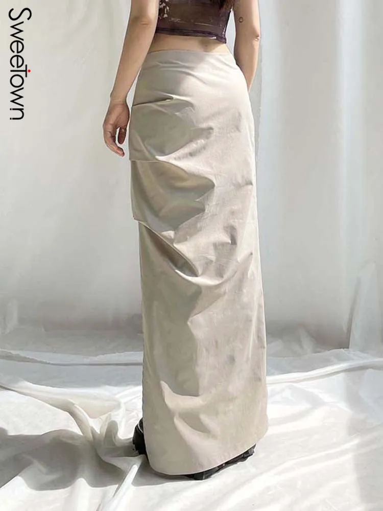 Women's Y2K Long Skirt with Ruched Low Waist and Split Design