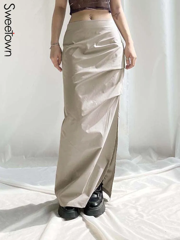 Women's Y2K Long Skirt with Ruched Low Waist and Split Design