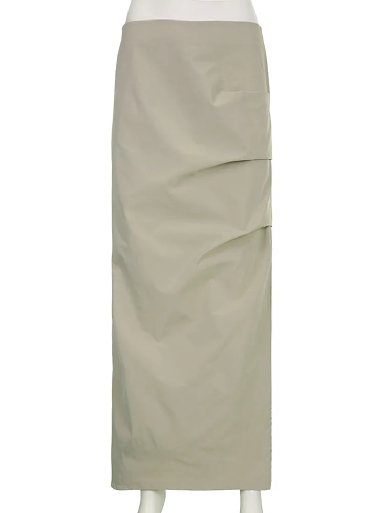 Women's Y2K Long Skirt with Ruched Low Waist and Split Design