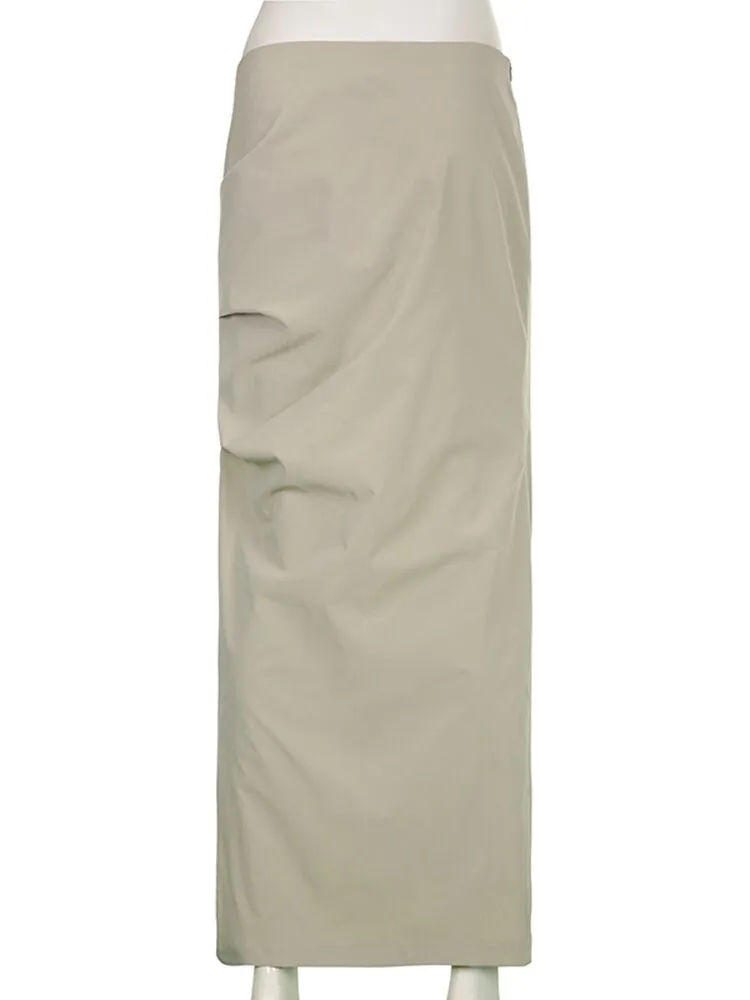 Women's Y2K Long Skirt with Ruched Low Waist and Split Design