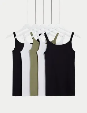 M&S Women's 5-Pack Cotton Slim Fit Vests in Black and White, Size 14