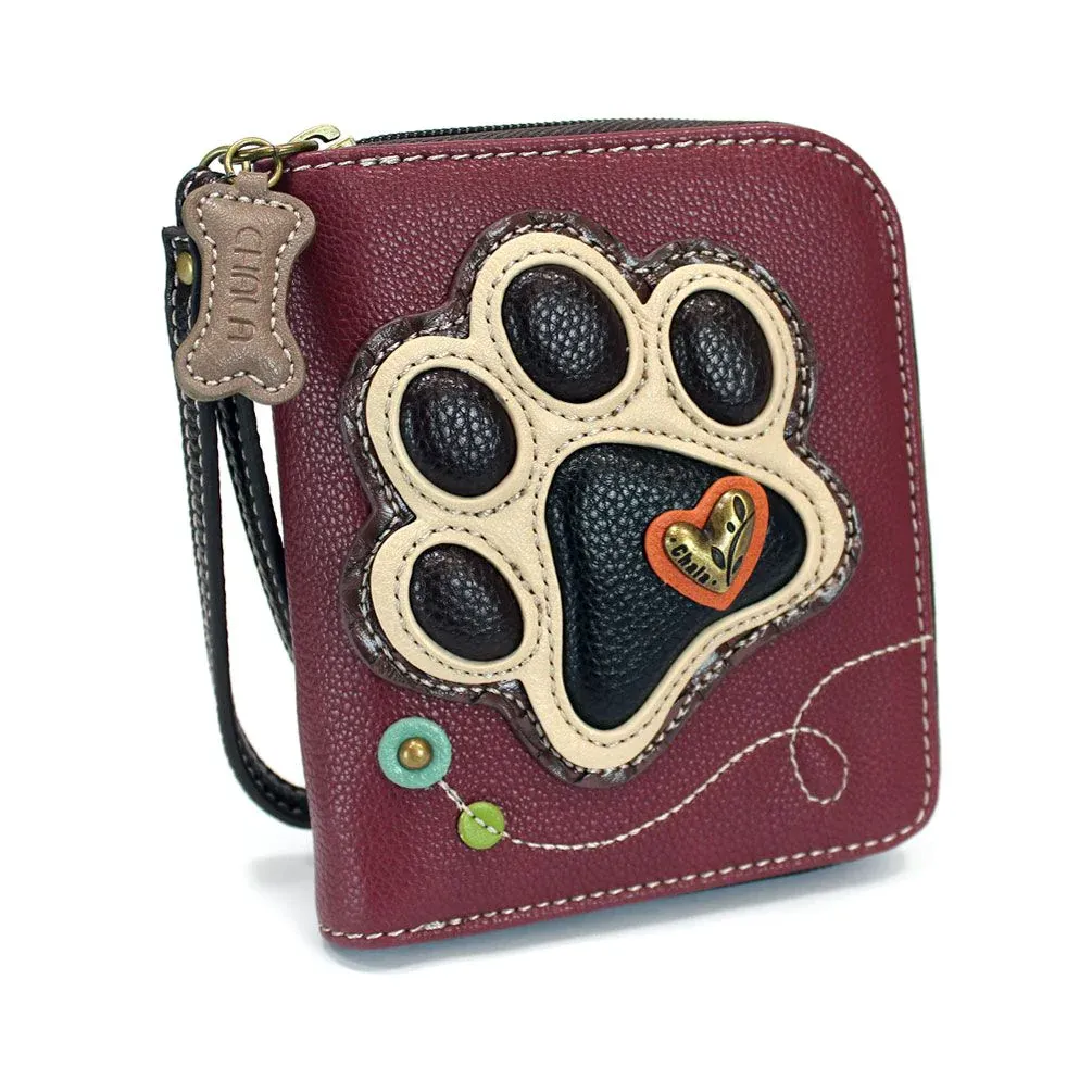 Ivory Paw Print Maroon Wallet Zip-Around