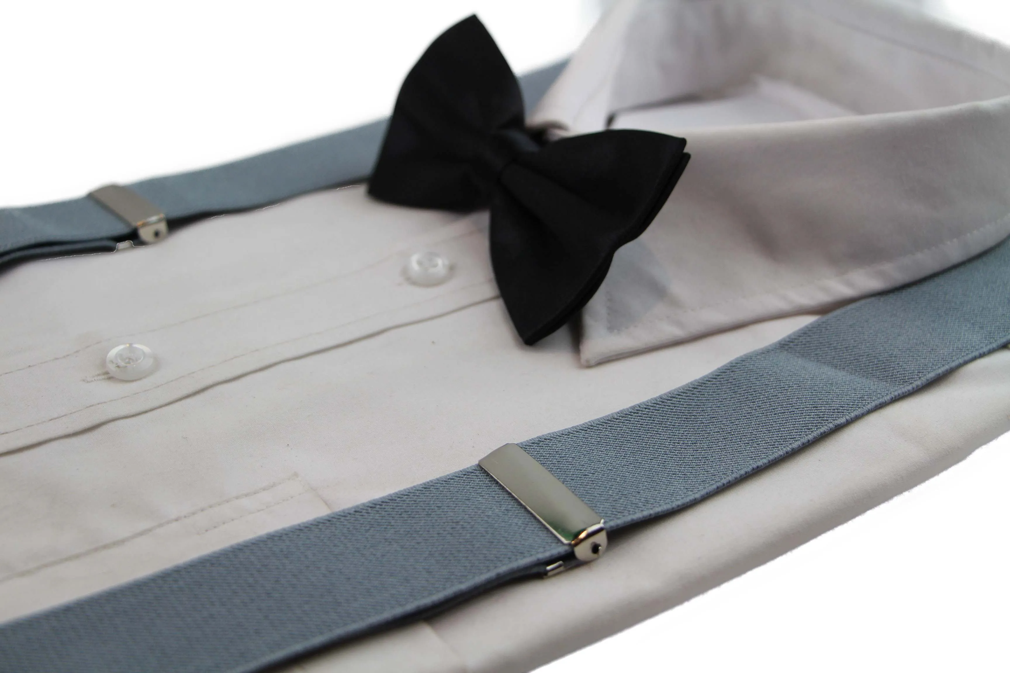 Grey 100cm Wide Suspenders & Black Bow Tie Set for Men