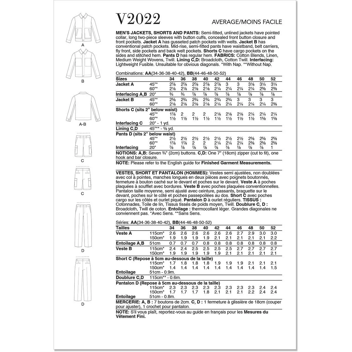 Men's Jackets, Shorts, and Trousers Sewing Pattern Vogue 2022