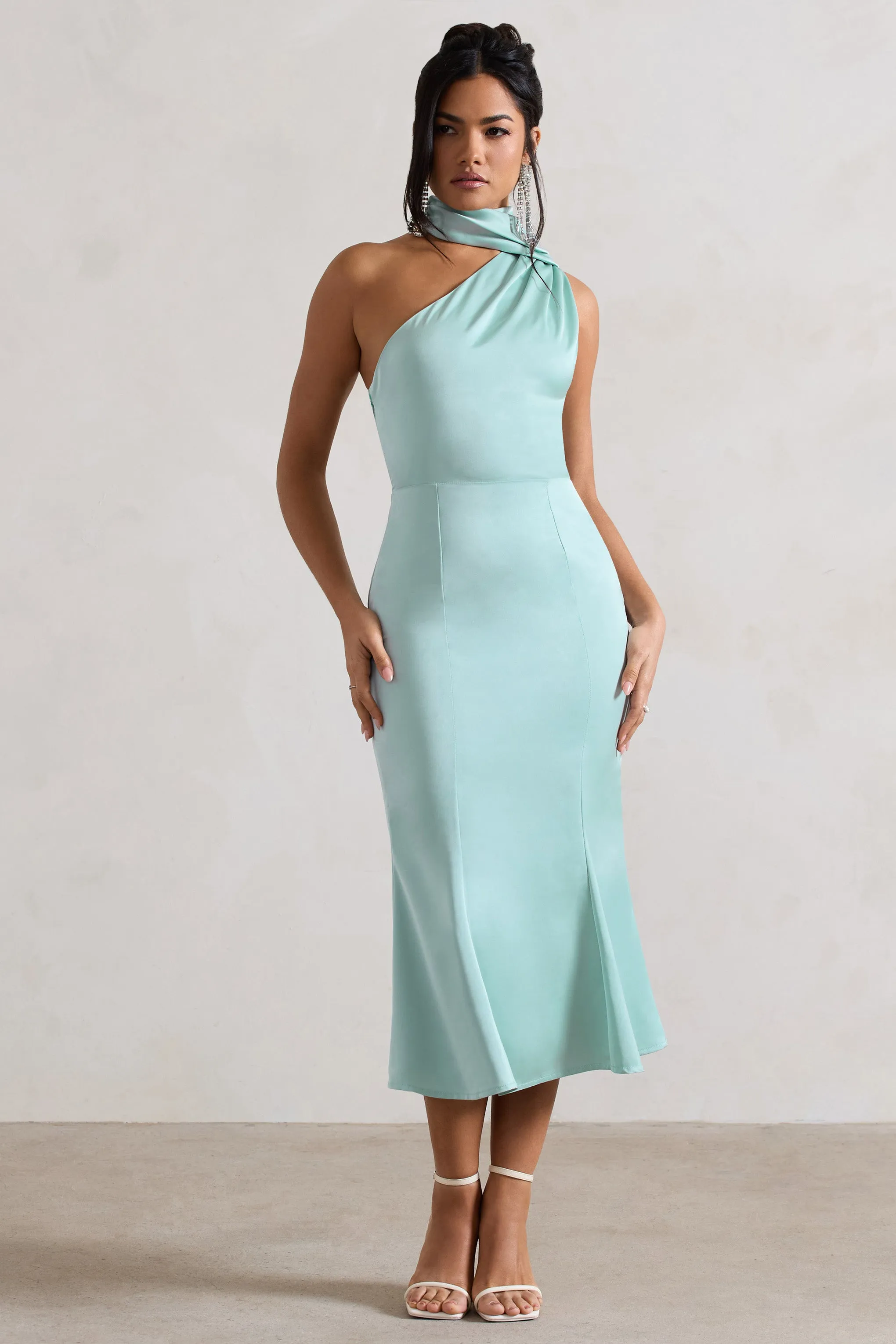 Mint Satin One Shoulder High-Neck Flared Midi Dress