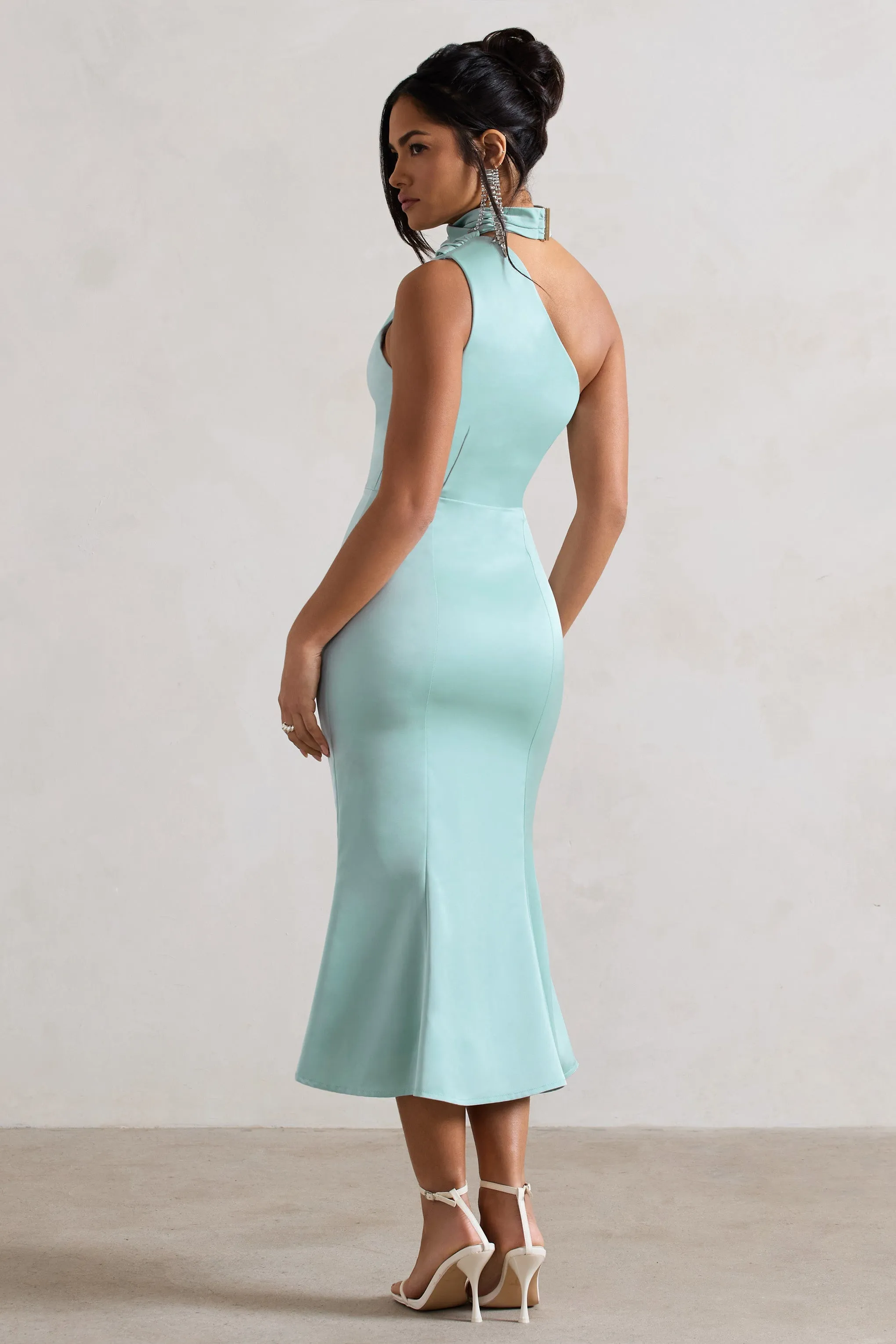 Mint Satin One Shoulder High-Neck Flared Midi Dress