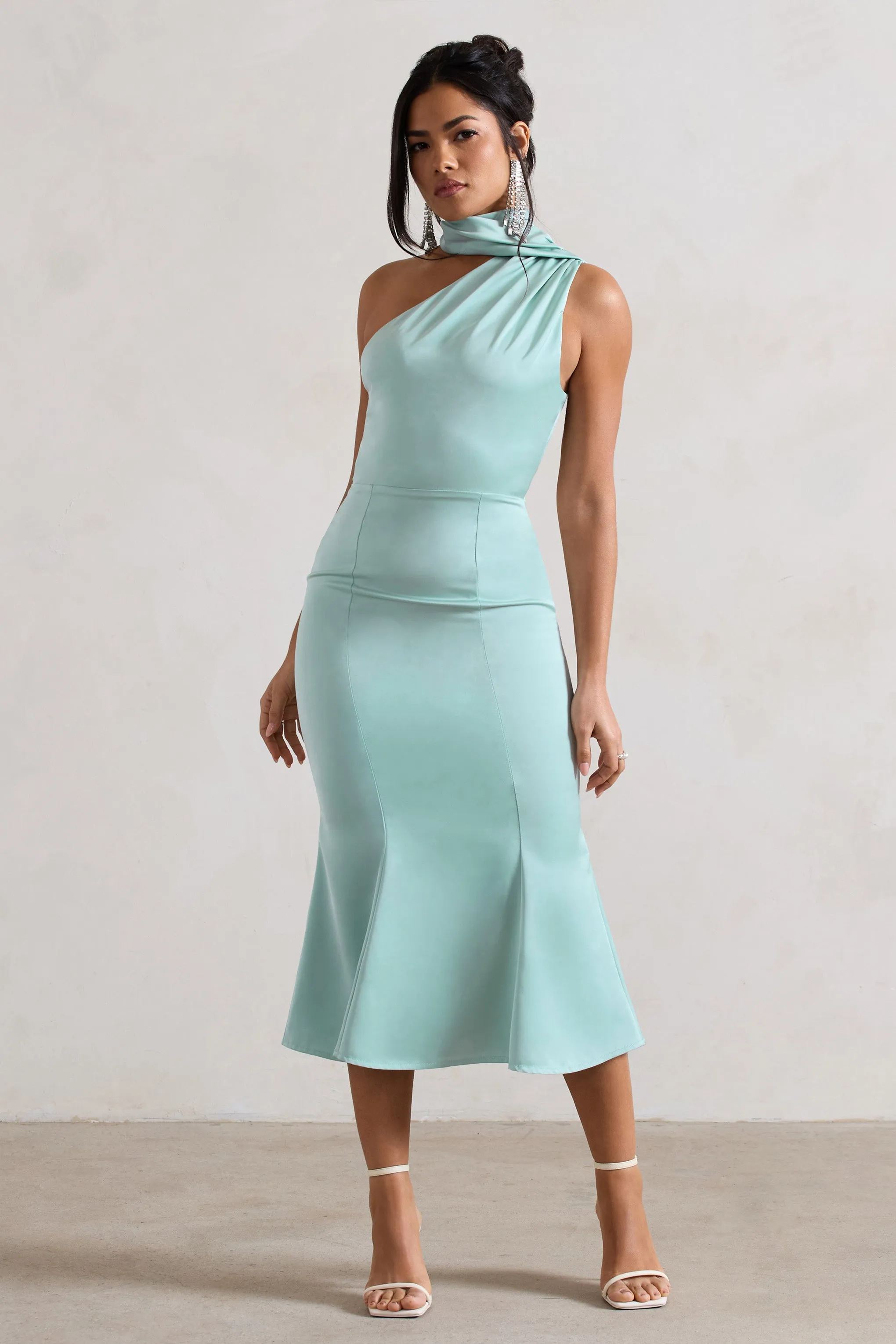 Mint Satin One Shoulder High-Neck Flared Midi Dress