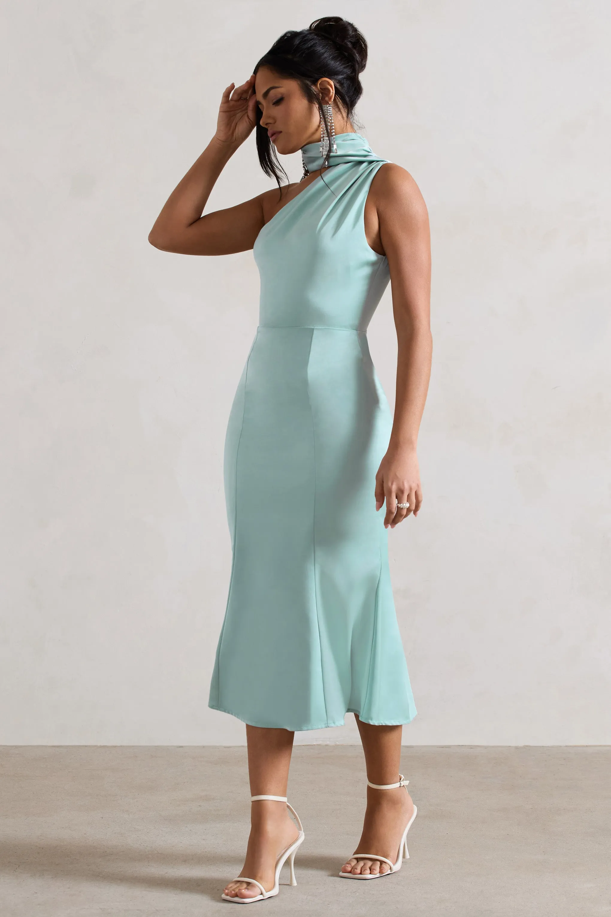 Mint Satin One Shoulder High-Neck Flared Midi Dress