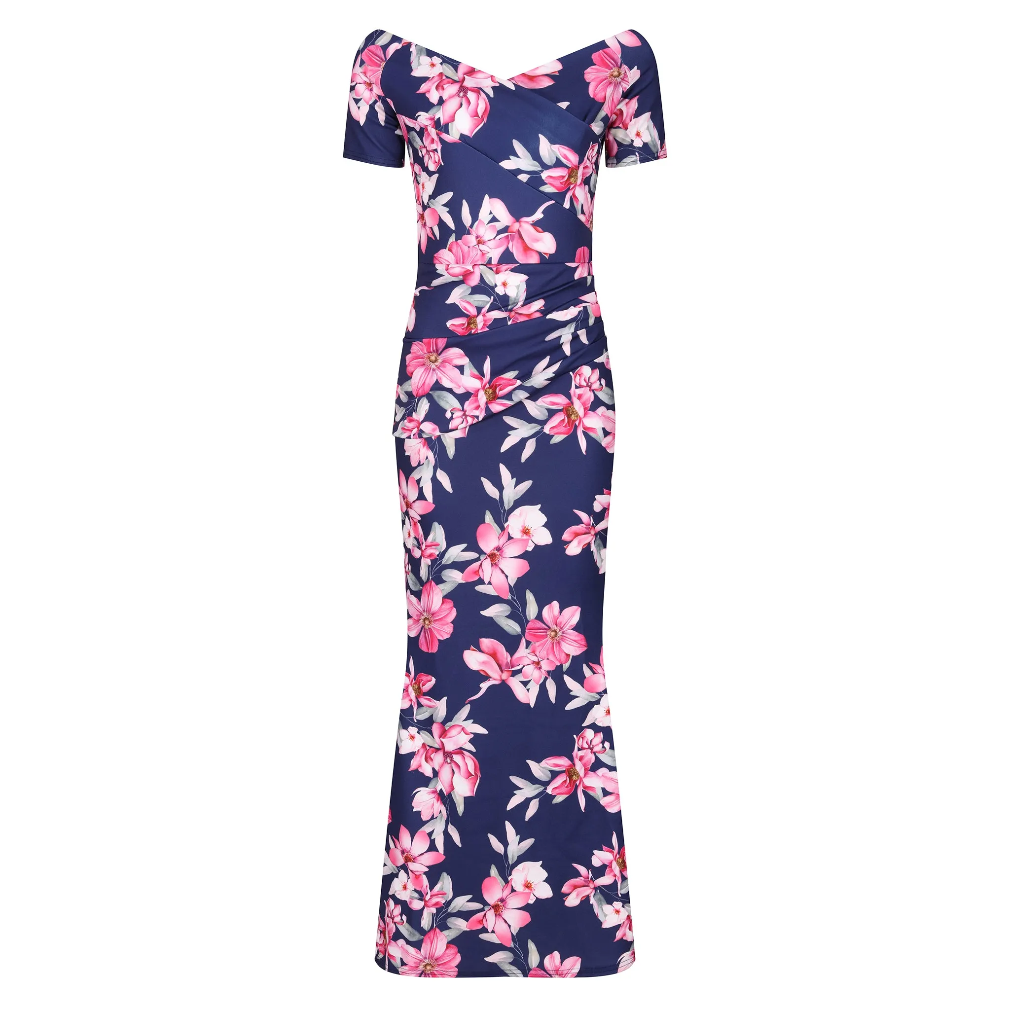 Navy Blue & Pink Floral Maxi Dress with Peplum Hem & Cap Sleeves