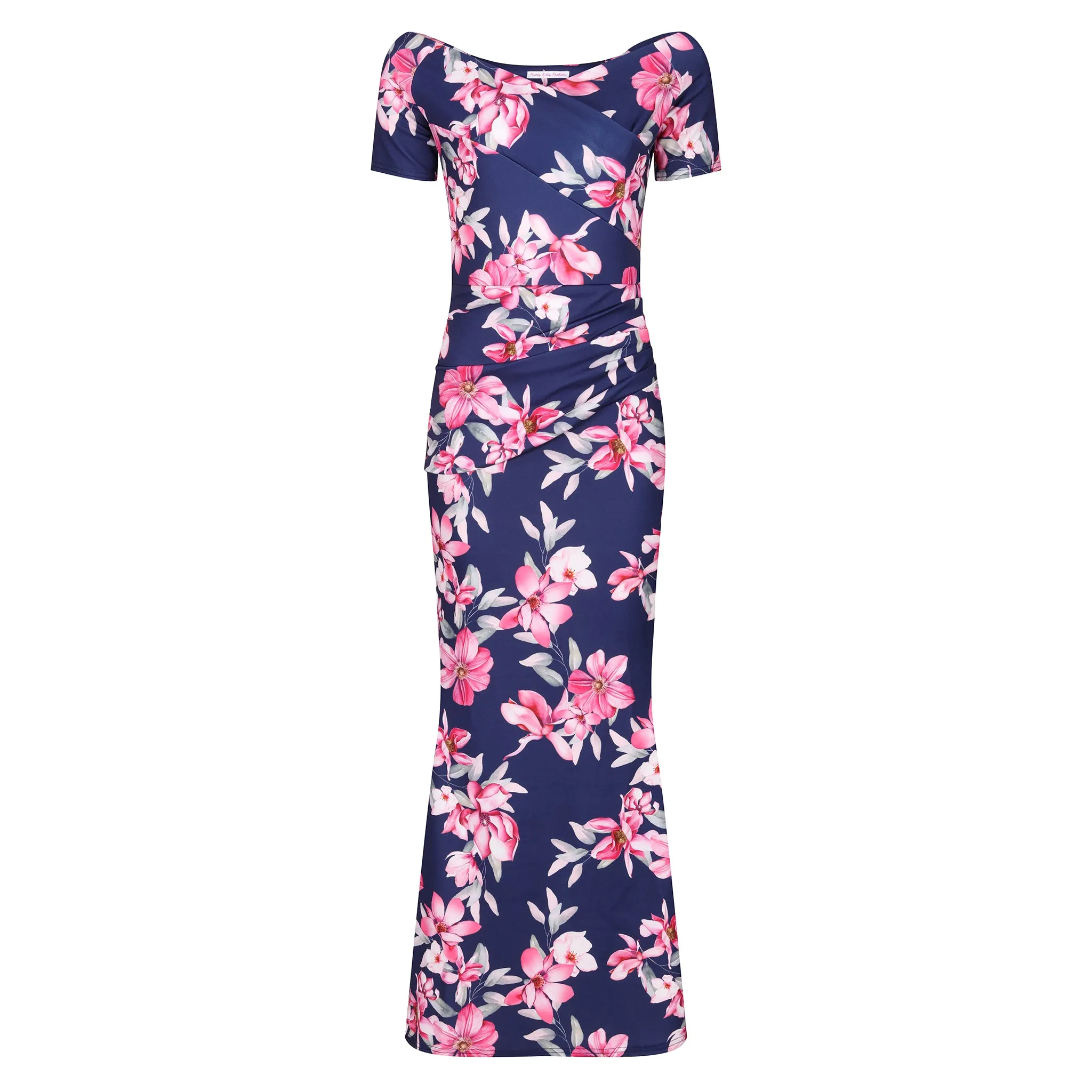 Navy Blue & Pink Floral Maxi Dress with Peplum Hem & Cap Sleeves