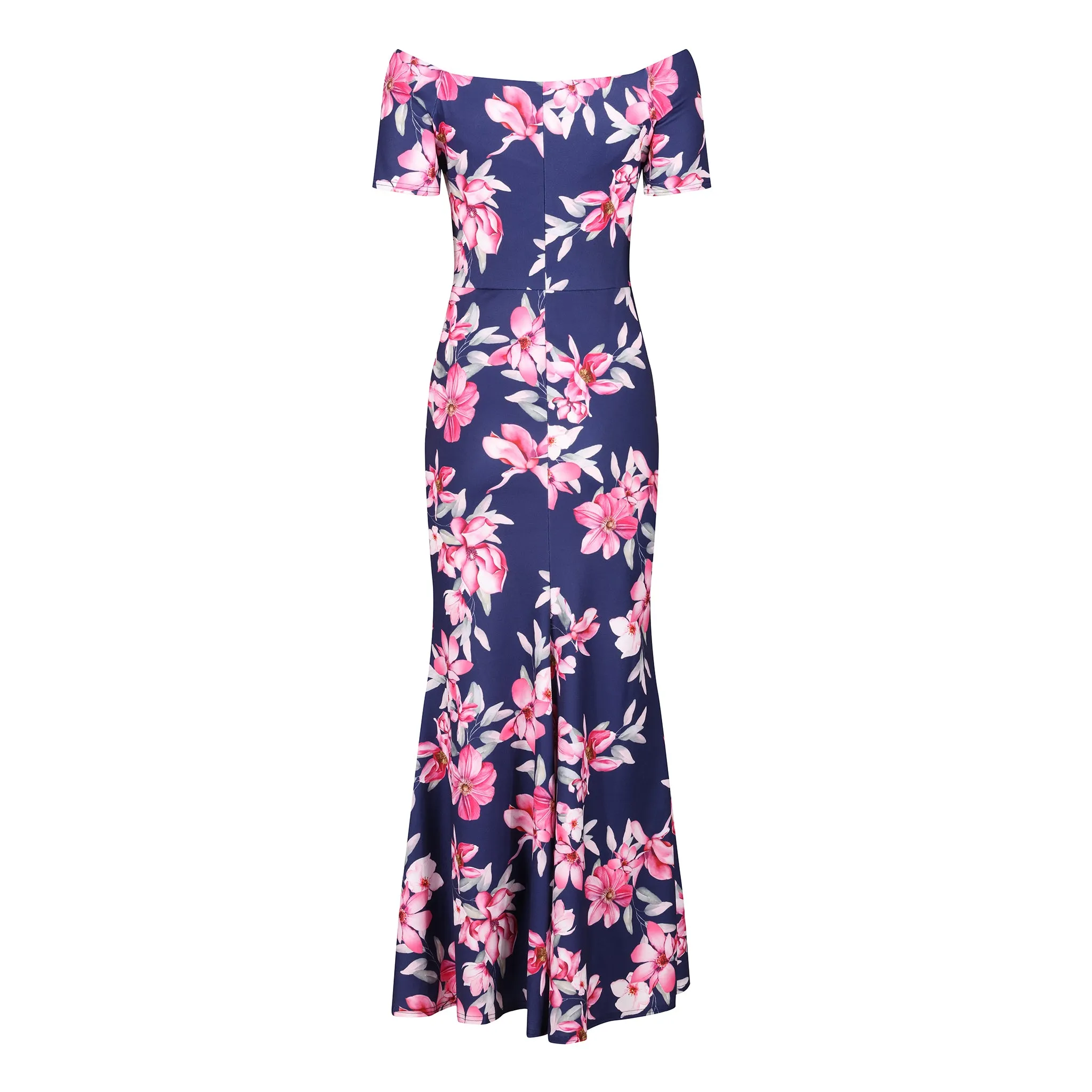 Navy Blue & Pink Floral Maxi Dress with Peplum Hem & Cap Sleeves