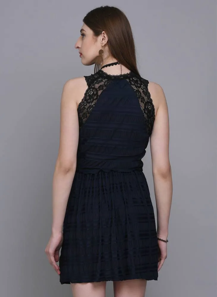 Navy Lace Detail Fit & Flare Dress