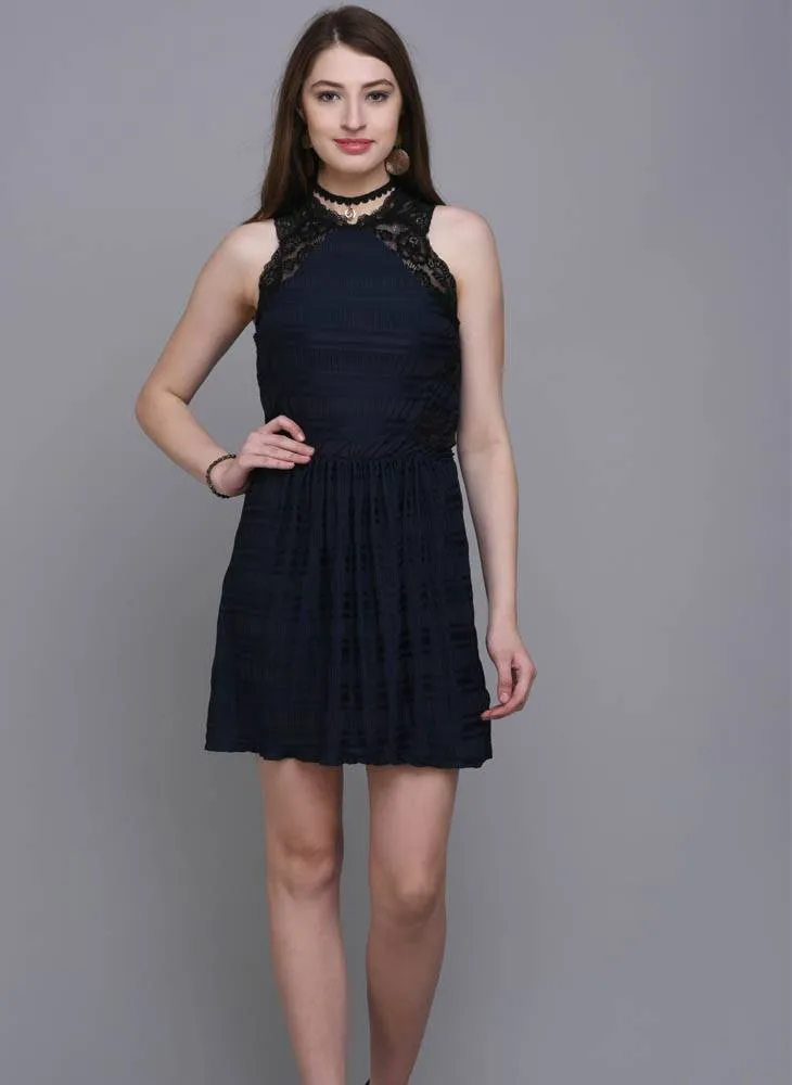 Navy Lace Detail Fit & Flare Dress