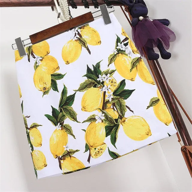 New Summer Lemon Print Slim A-Line Skirt, Retro High-Waist Women's Skirt