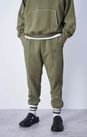 Olive Green Fleece Pants with Tonal Embroidery