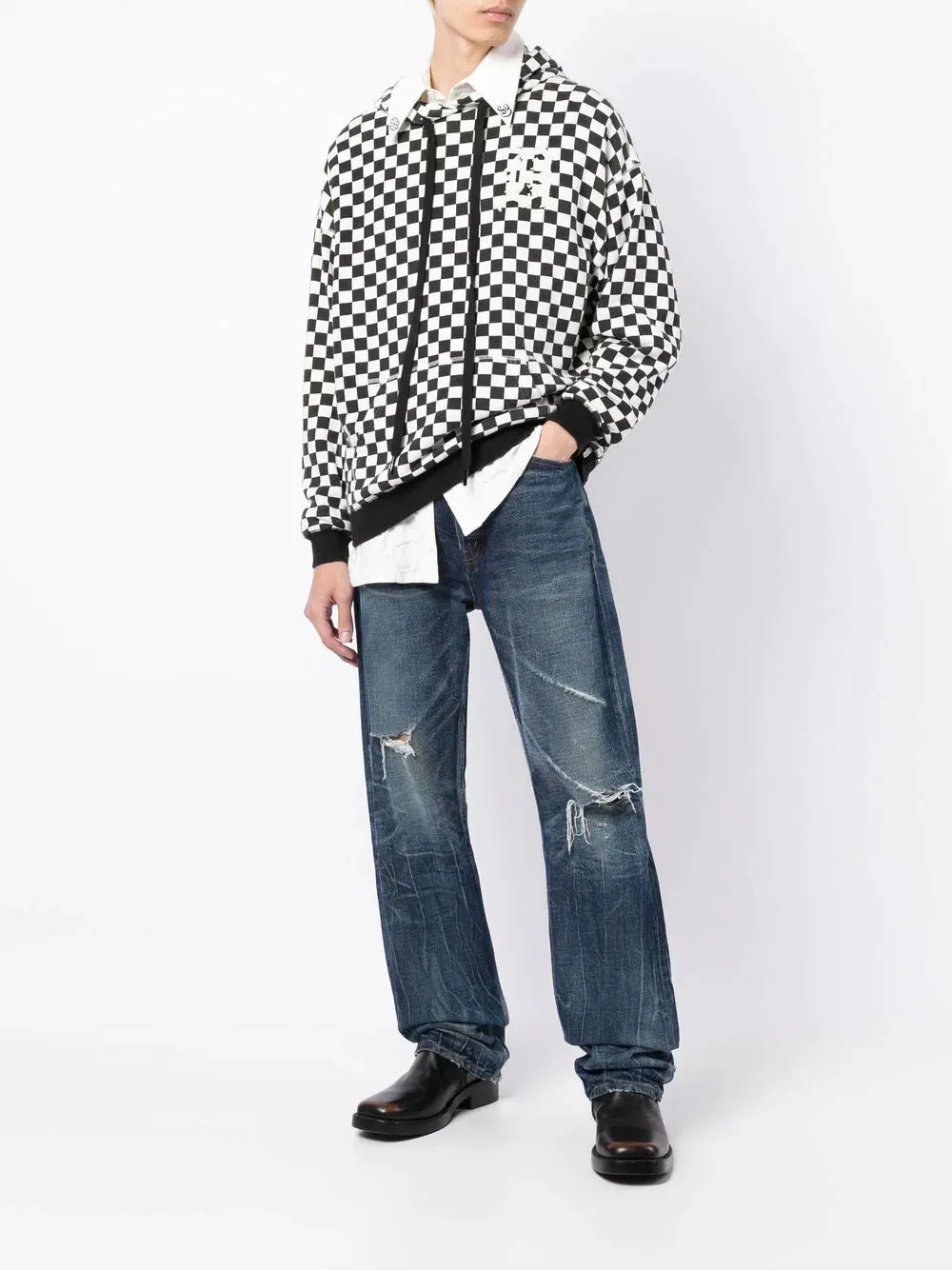 Black White Checked Oversized Hoodie