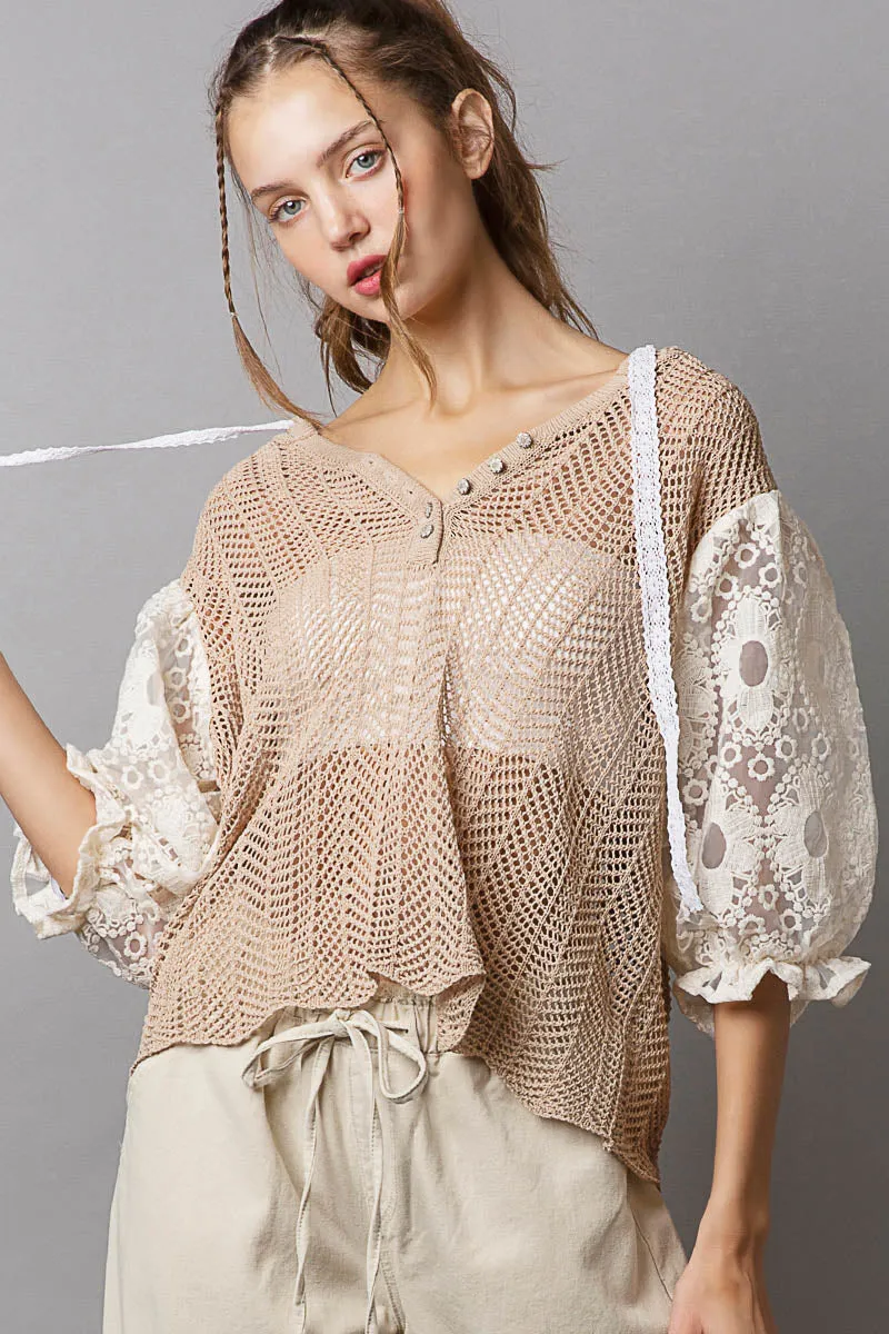 Lace Balloon Sleeve Sweater Hoodie - POL Women's