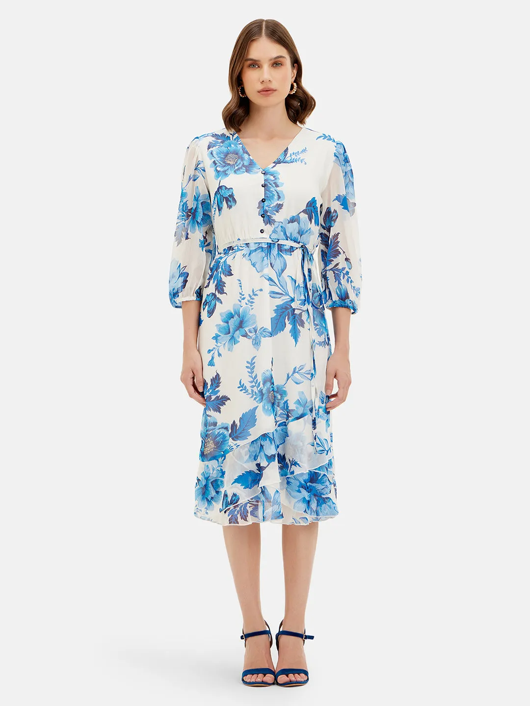 Printed Tie-Up Midi Dress